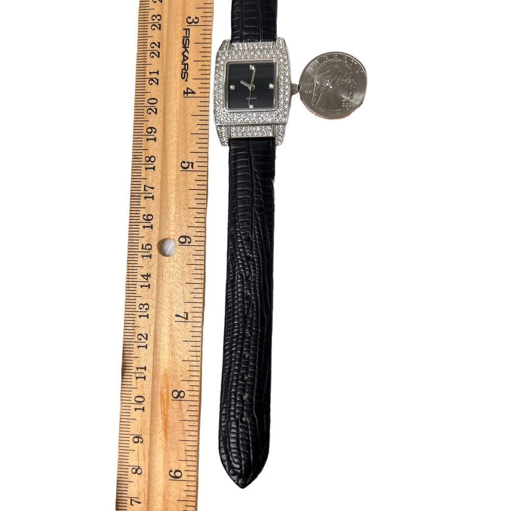 Vintage Women's Watch Black Band Faux Leather Rhinestone Bezel Black Dial - Picture 11 of 16